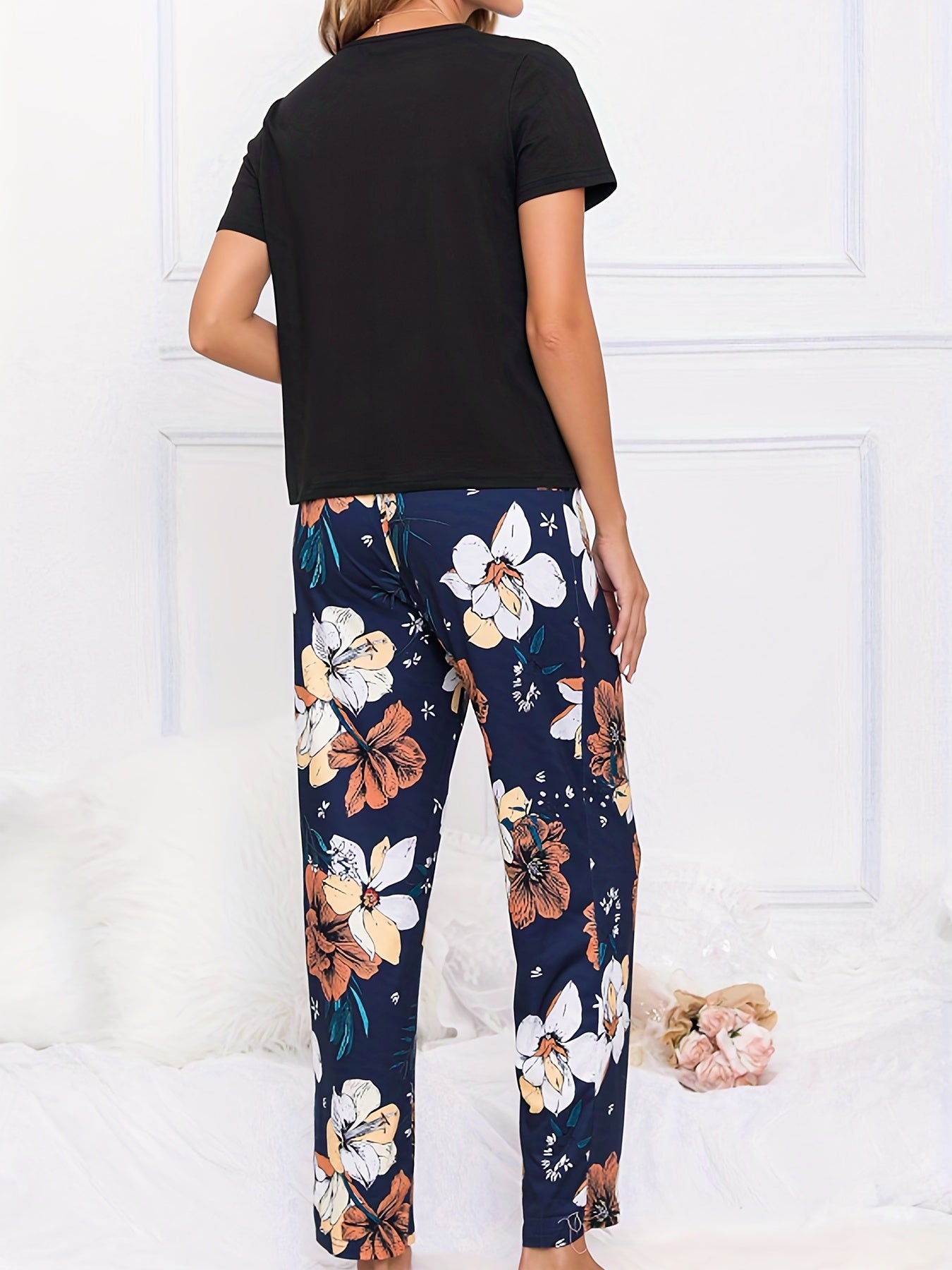 Big Flower Print Lounge Set Colorblock Top & Pants Women's Loungewear