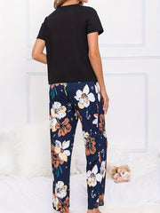 Big Flower Print Lounge Set Colorblock Top & Pants Women's Loungewear