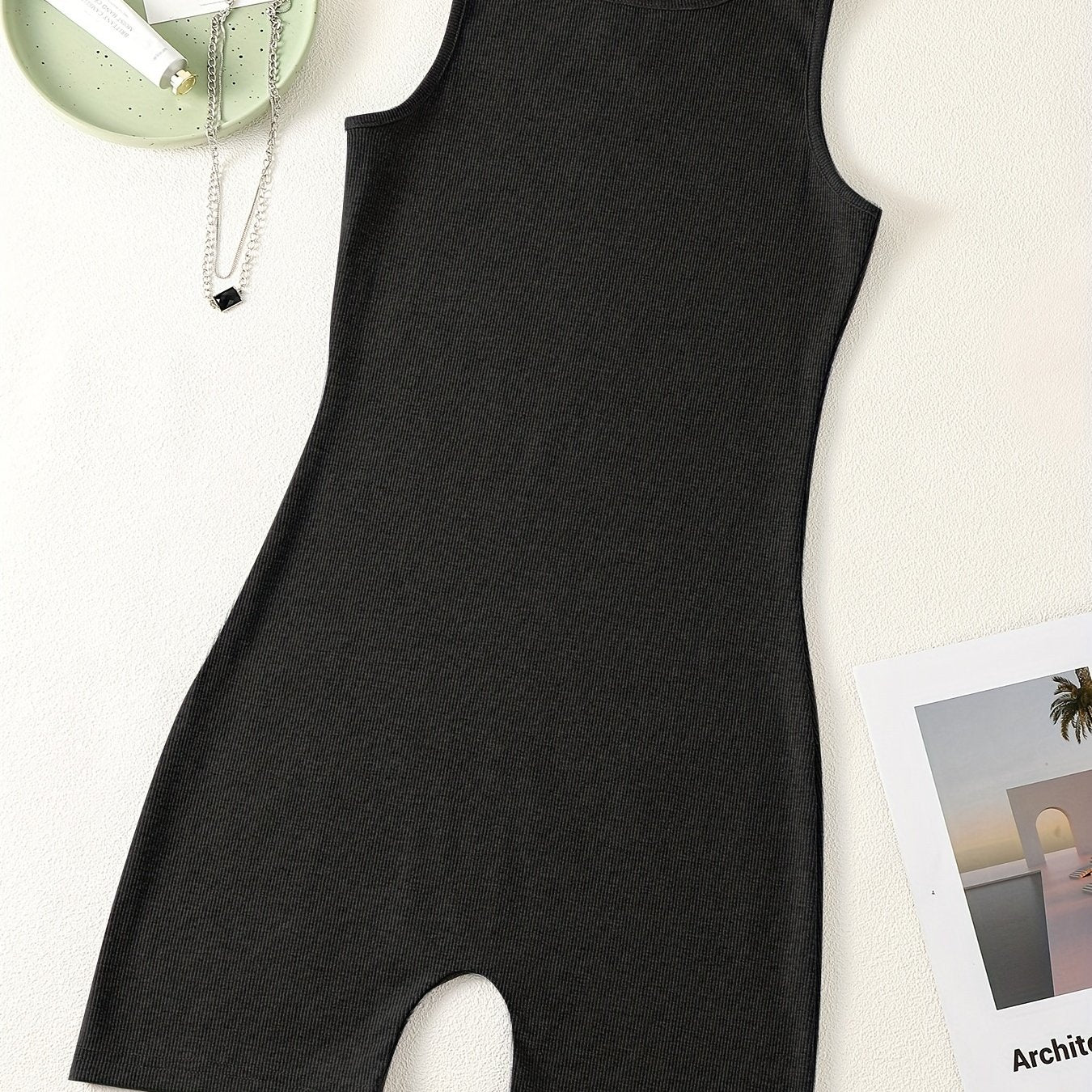Solid Crew Neck Romper Sleeveless Jumpsuit Casual
