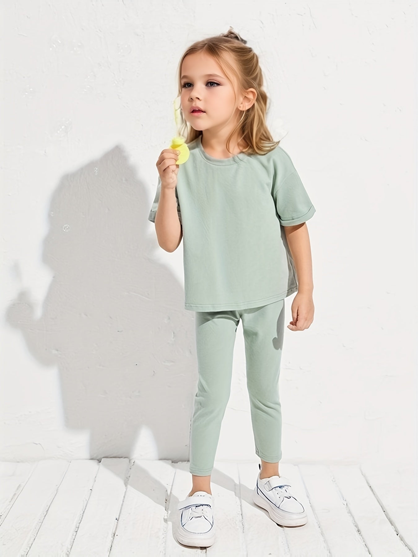 Girl's 2pcs T shirt & Leggings Set Solid Short Sleeve Top Casual Outfits