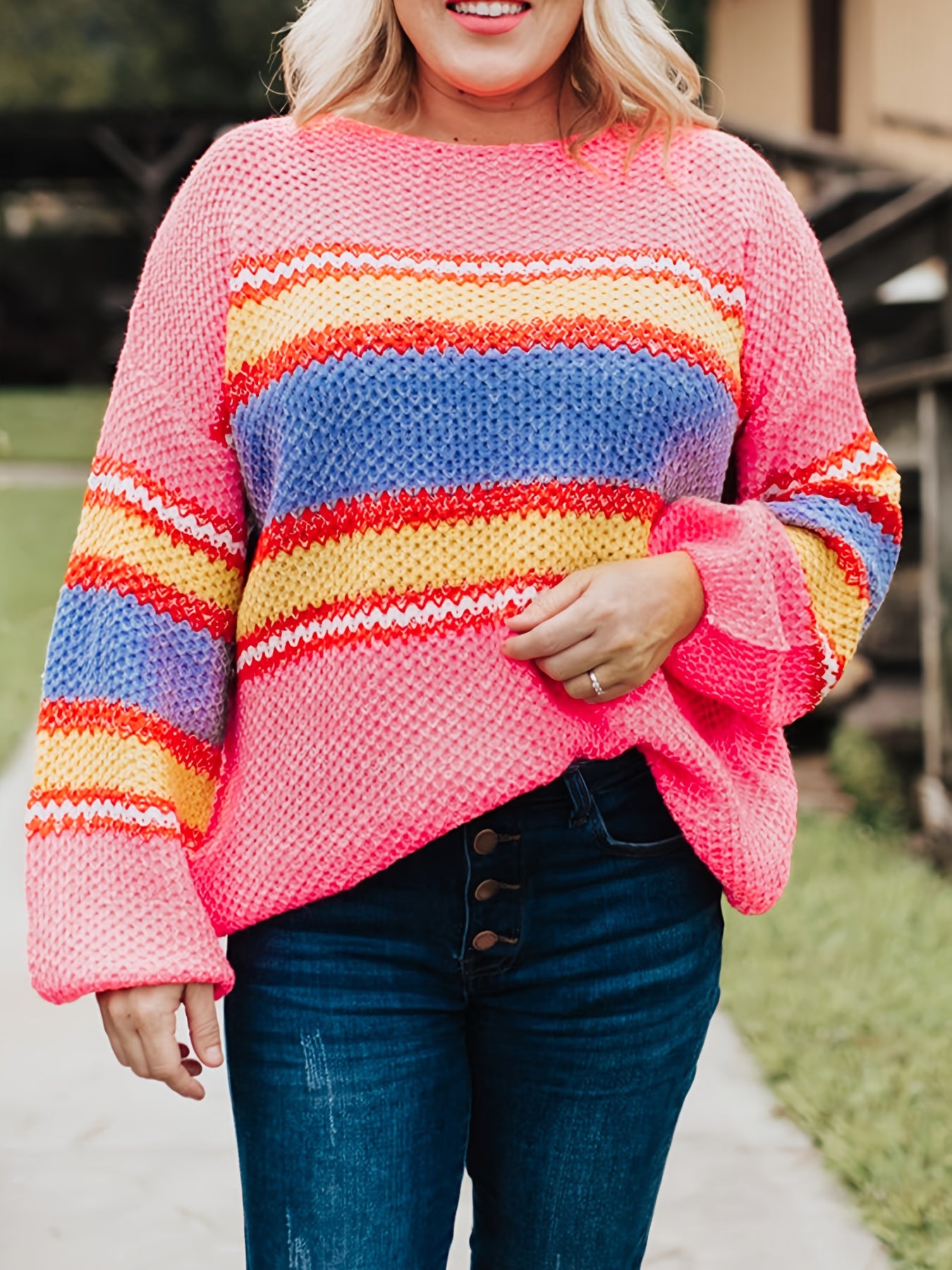 Colorblock Stripe Print Round Neck Sweater