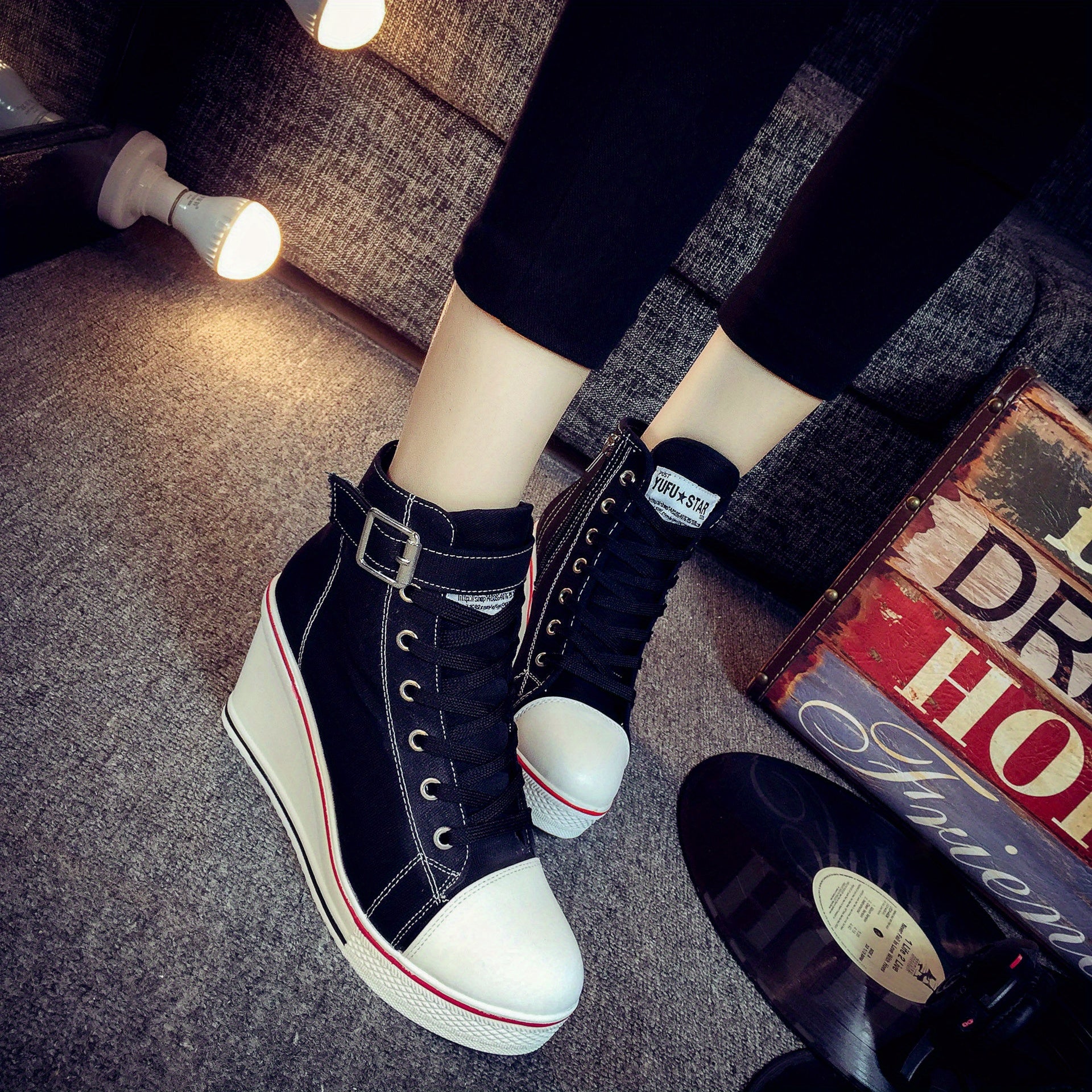 Women's Platform Canvas Sneakers High Round Toe Zipper Casual Shoes