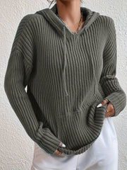 Solid Ribbed Long Sleeve Hooded Knit Top