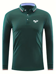 Men's Dragon Print Long Sleeve Polo Shirt Breathable Button Up Top