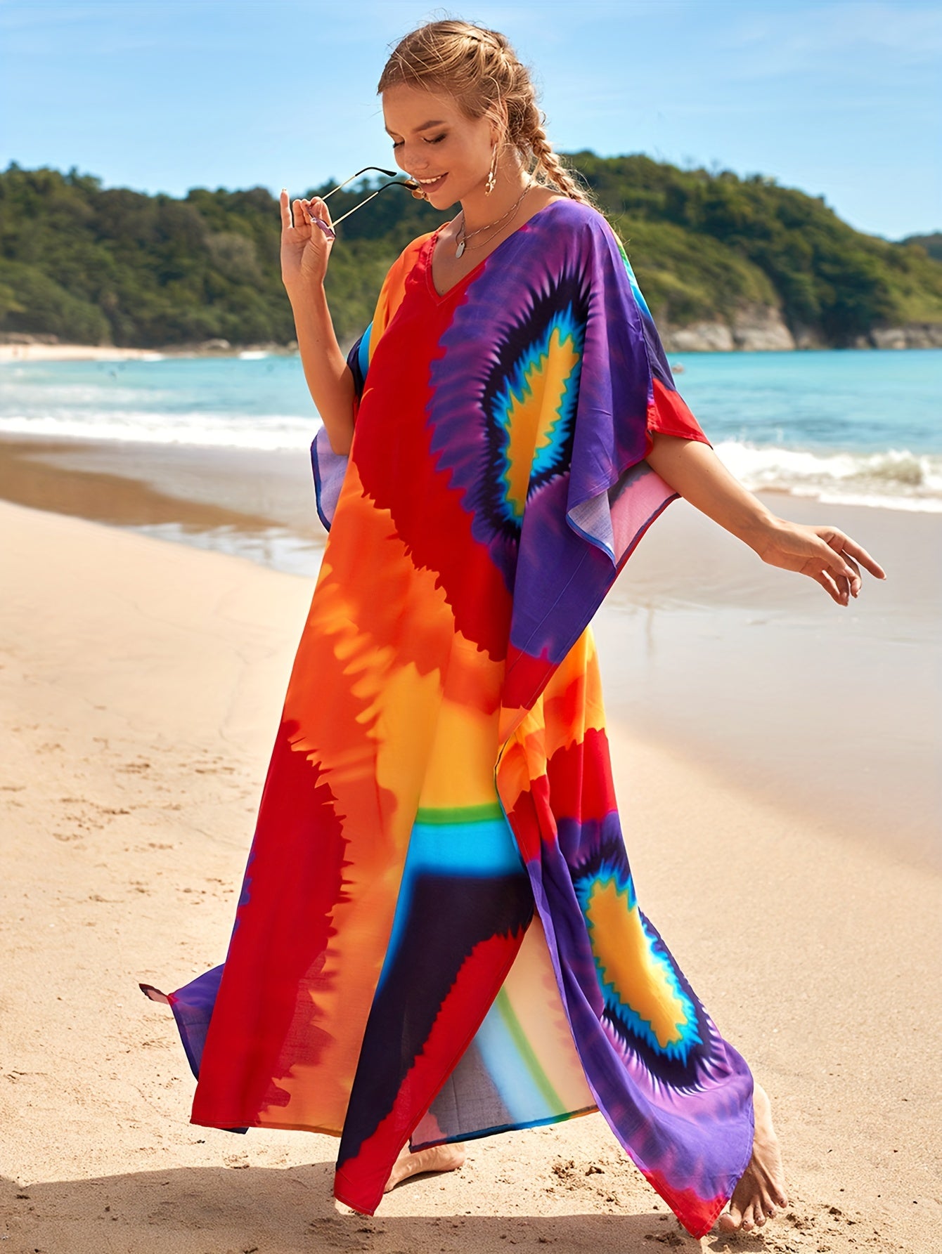 Colorblock Bat Sleeve V Neck Maxi Dress