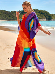 Colorblock Bat Sleeve V Neck Maxi Dress