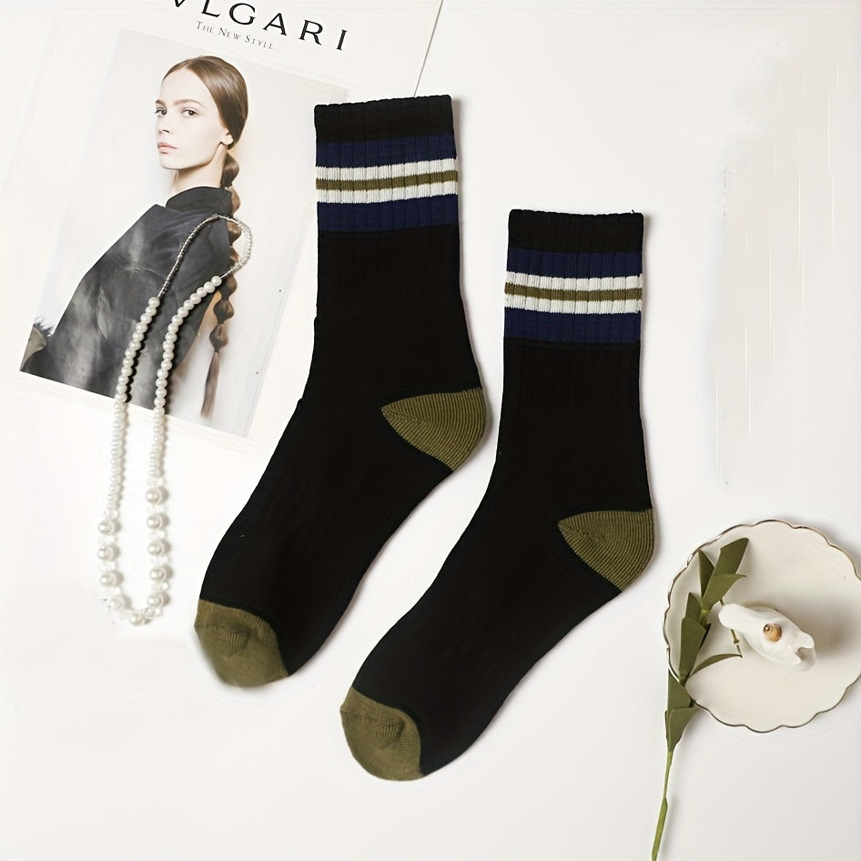 5 Pairs Colorblock Striped Socks Crew Sports Stockings