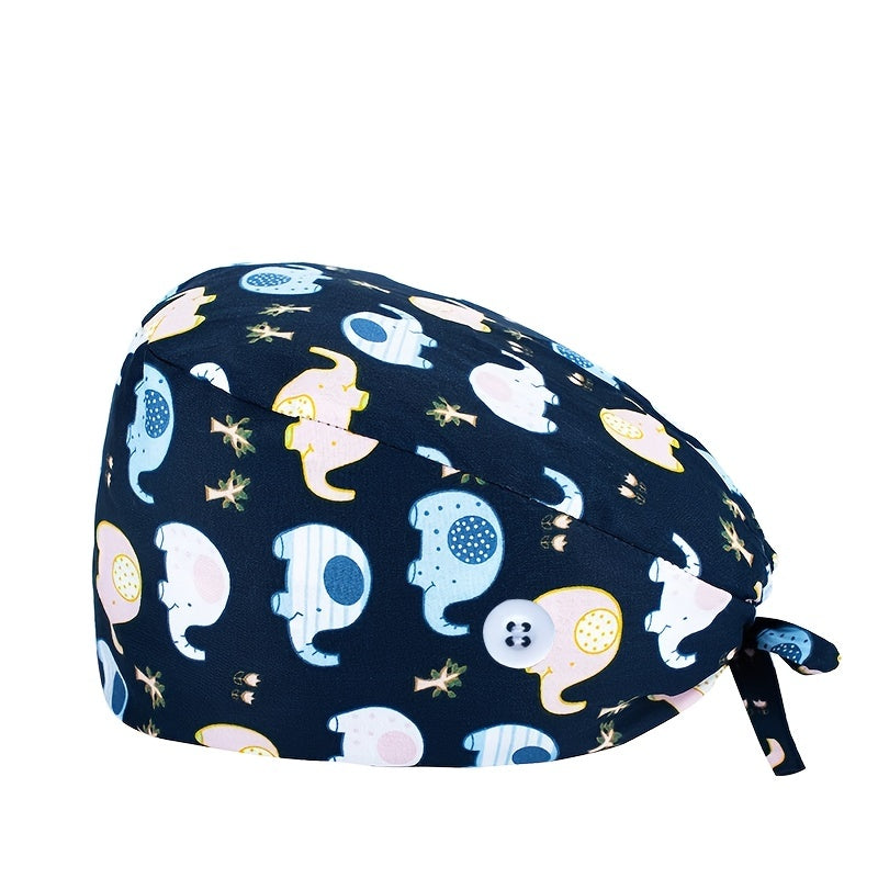 Floral Cartoon Print Work Cap Vintage Scrub Cap Adjustable Lace Up Hat