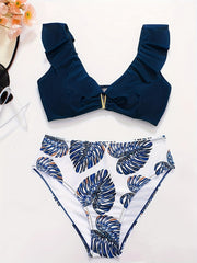 Vacay Bikini Set Solid V Wired Ruffle Trim Bra & Tropical Print Panty