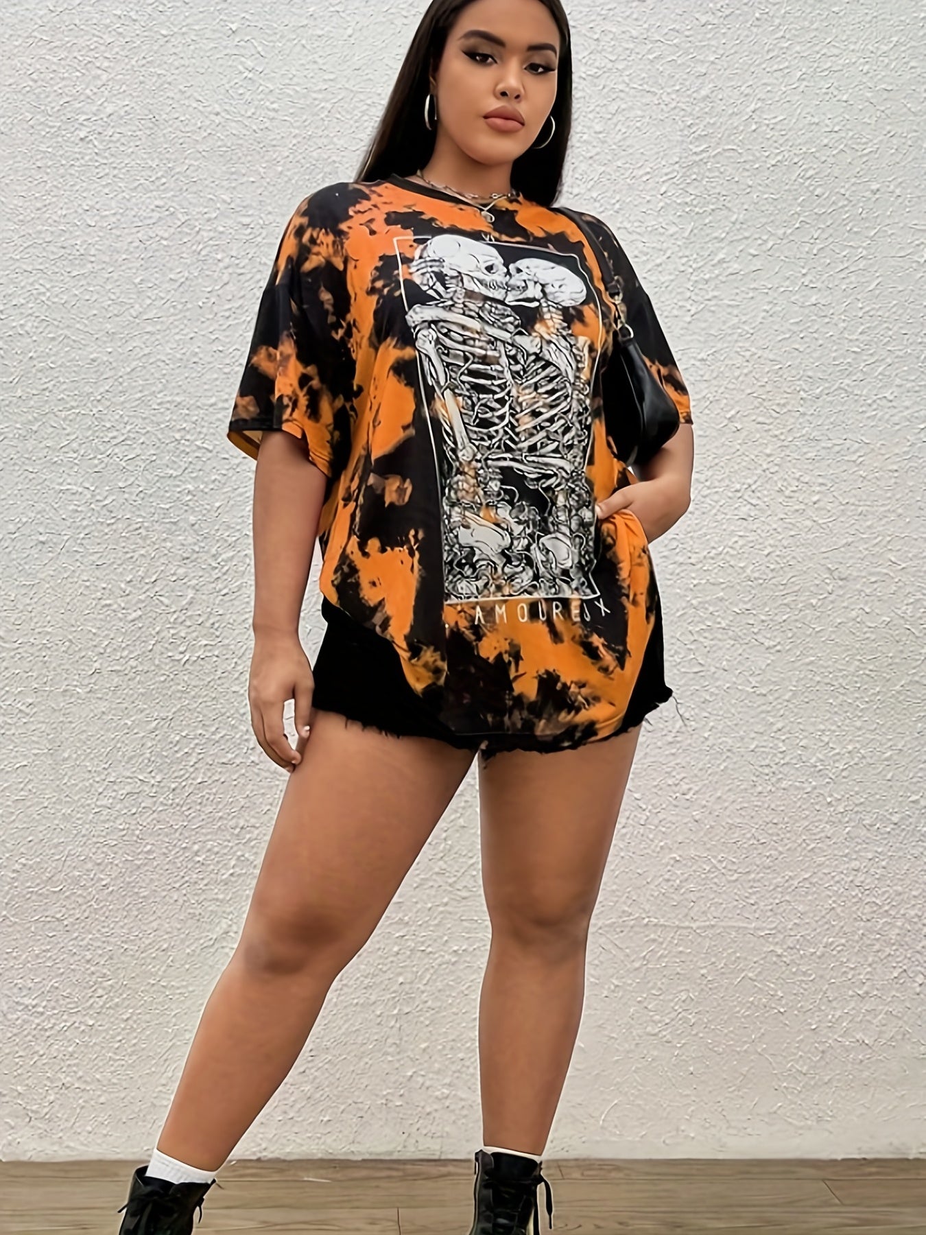 Tie Dye & Skull Print Short Sleeve Halloween Sports Top