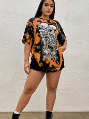 Tie Dye & Skull Print Short Sleeve Halloween Sports Top