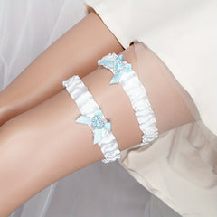 Bridal Elastic Crinkle Band Sock Strap Set Rhinestone Bowknot Ribbon Leg Band
