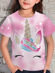 Tie Dye Unicorn Print Short Sleeve T shirt Girls Comfy Tees Pullover