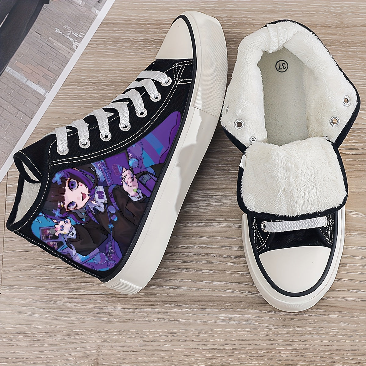 Anime Girl Print Plush Lined Chunky Canvas Sneakers