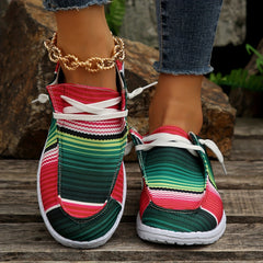 Women's Striped Canvas Shoes Round Toe Slip On Loafers Lightweight Flats