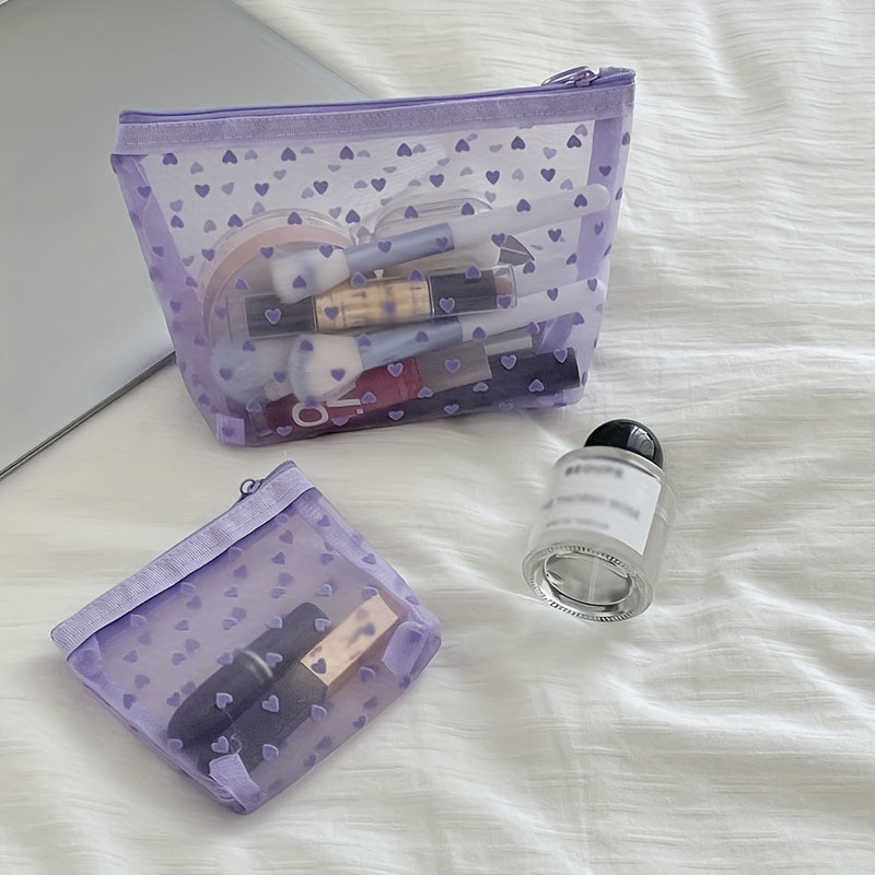 Purple Mesh Makeup Bag Heart Pattern Cosmetic Zipper Pouch
