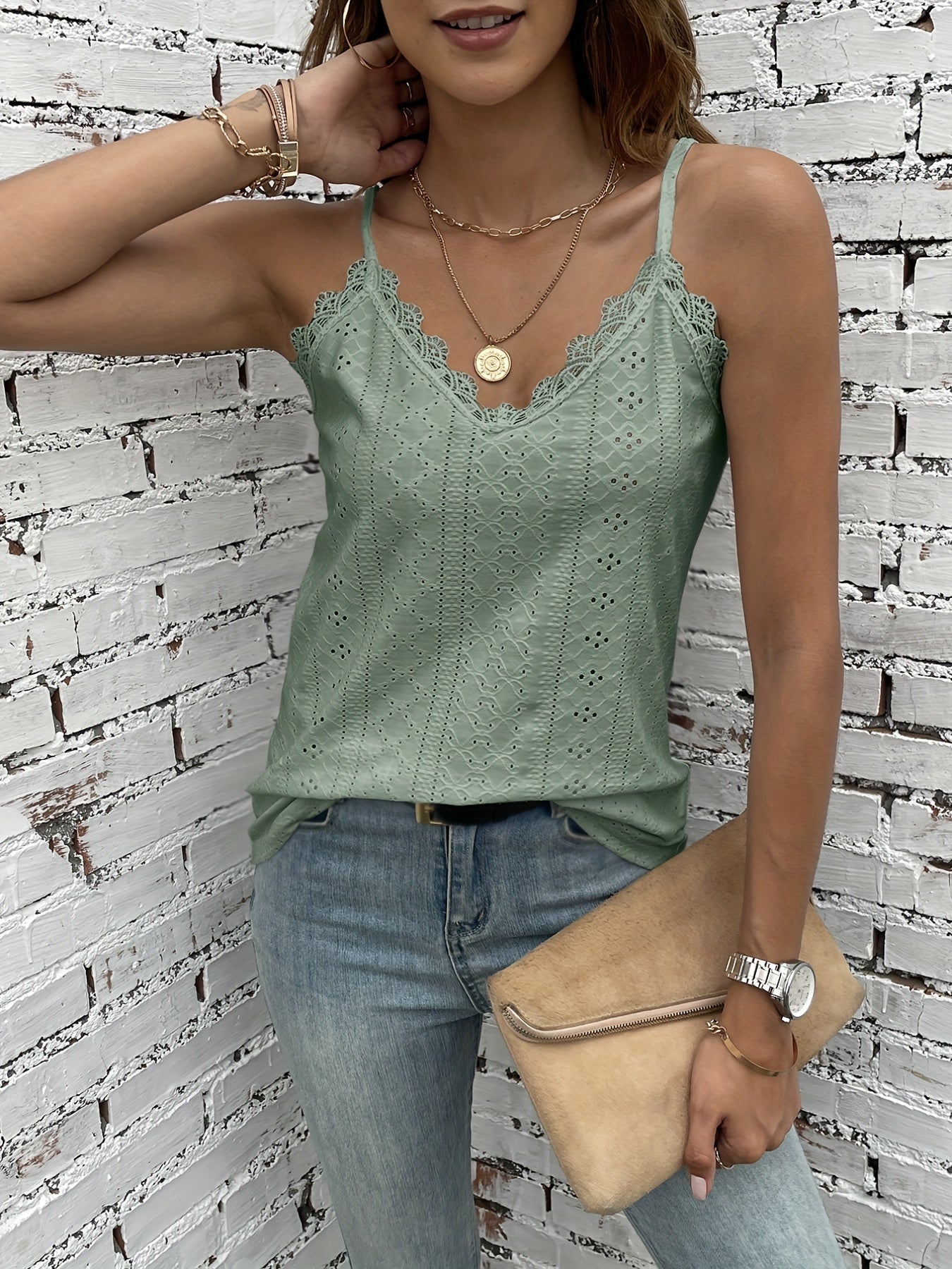 Eyelet Embroidered Lace Trim Cami Top V Neck Spaghetti Strap Top