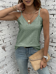 Eyelet Embroidered Lace Trim Cami Top V Neck Spaghetti Strap Top