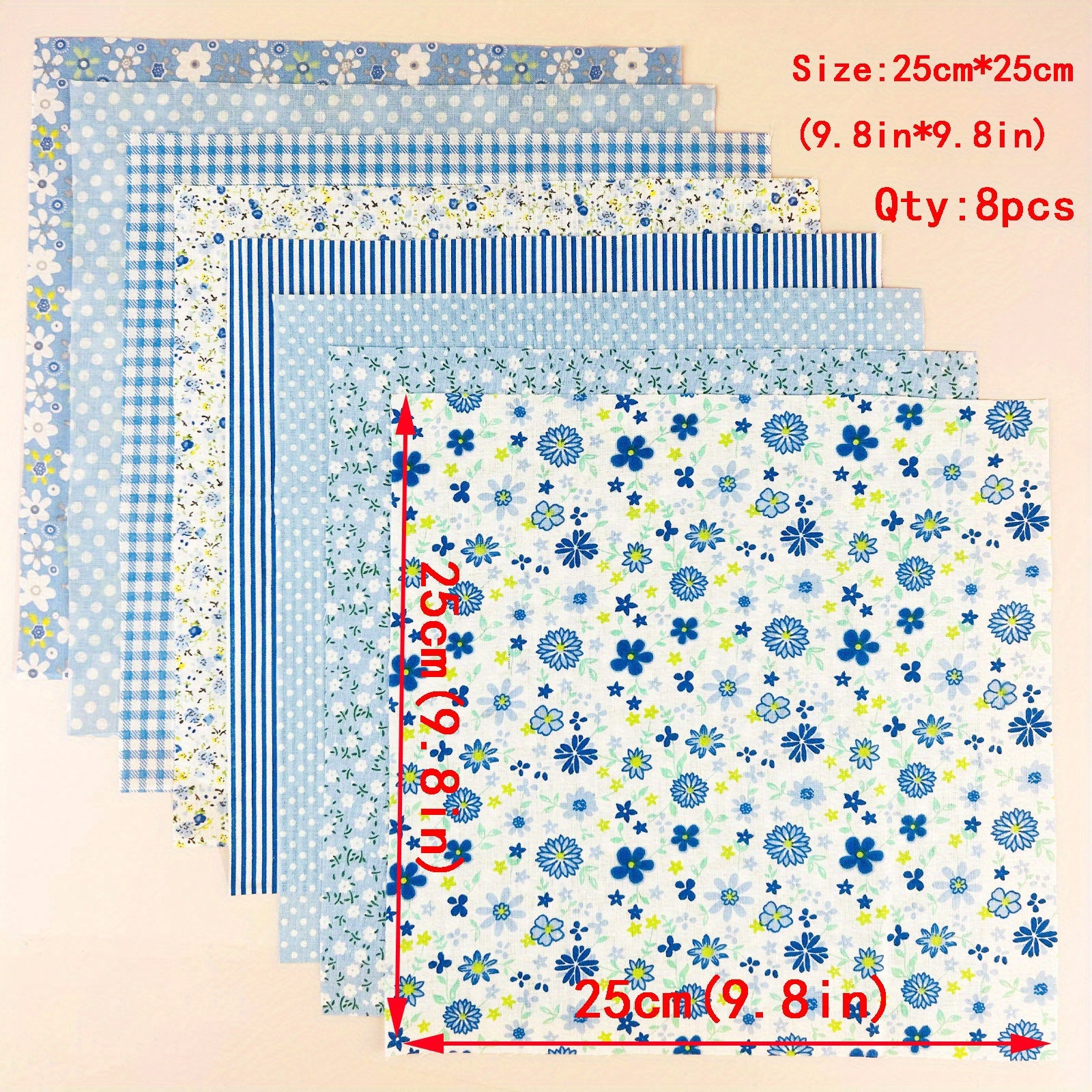 8pcs Cotton Quilted Fabric DIY Sewing Accessories Flower Cloth 9.8in
