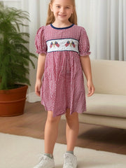 Toddler Girls Plaid Short Sleeve Embroidery Crew Neck Dress