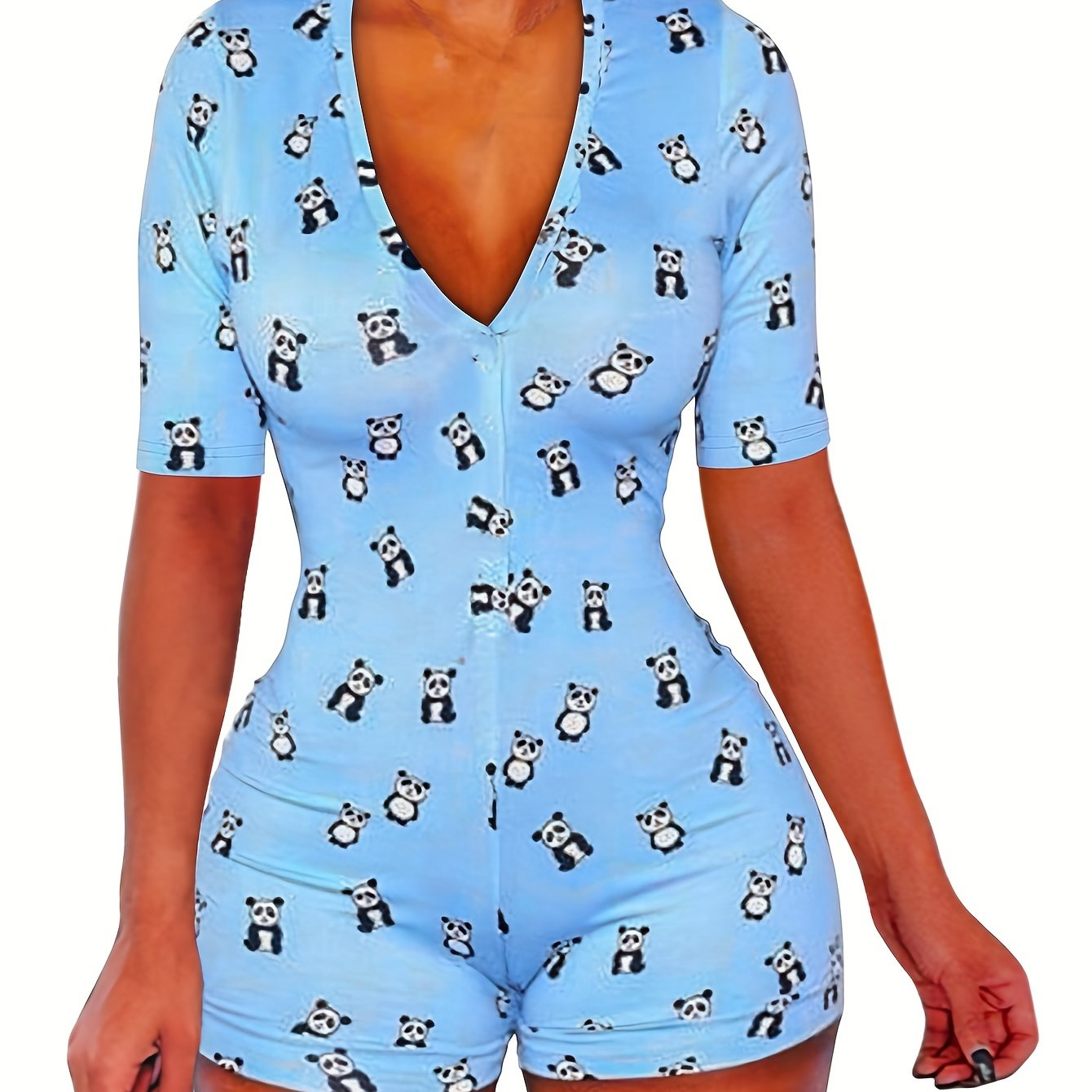 Panda Print Lounge Bodysuit Short Sleeve Romper
