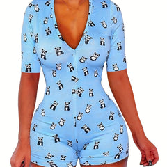 Panda Print Lounge Bodysuit Short Sleeve Romper