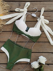 Bow Tie Shoulder Straps Bikini Set V Neck High Waist Two Piece Swimsuit