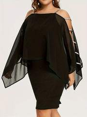 Casual Party Dress Women's Plus Mesh Layered Cut Out Sleeve Midi Dress