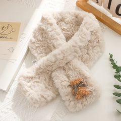 Women's Faux Pearl Rabbit Fur Bow Bear Scarf