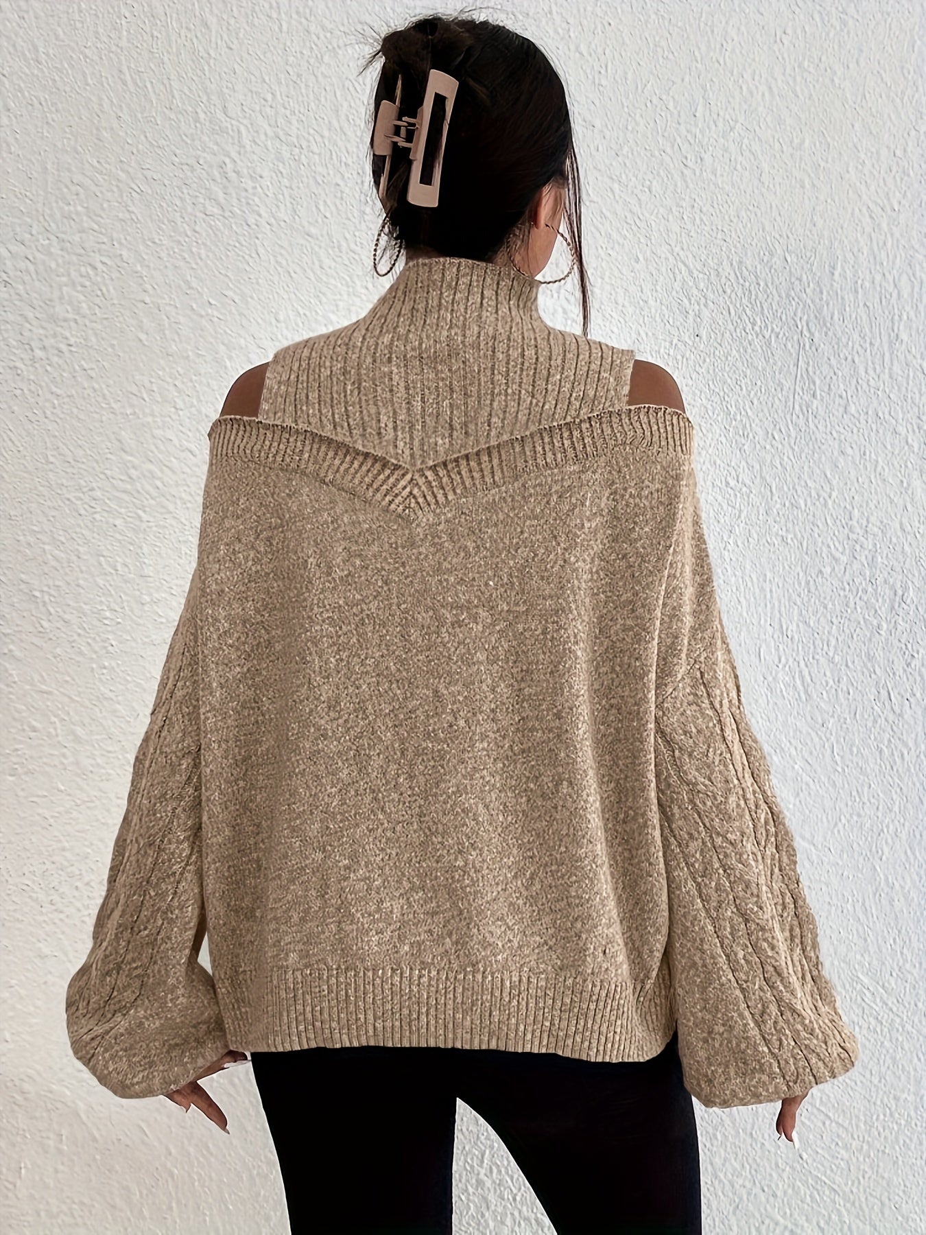 Cold Shoulder 2 In 1 Knit Sweater High Neck Long Sleeve Women's Clothing
