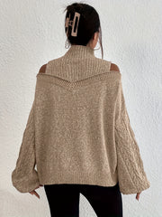Cold Shoulder 2 In 1 Knit Sweater High Neck Long Sleeve Women's Clothing