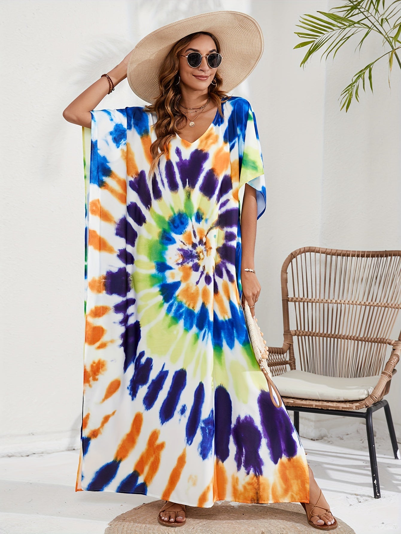 Boho Tie Dye Batwing Sleeve V Neck Kaftan Cover Up Dress
