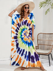 Boho Tie Dye Batwing Sleeve V Neck Kaftan Cover Up Dress