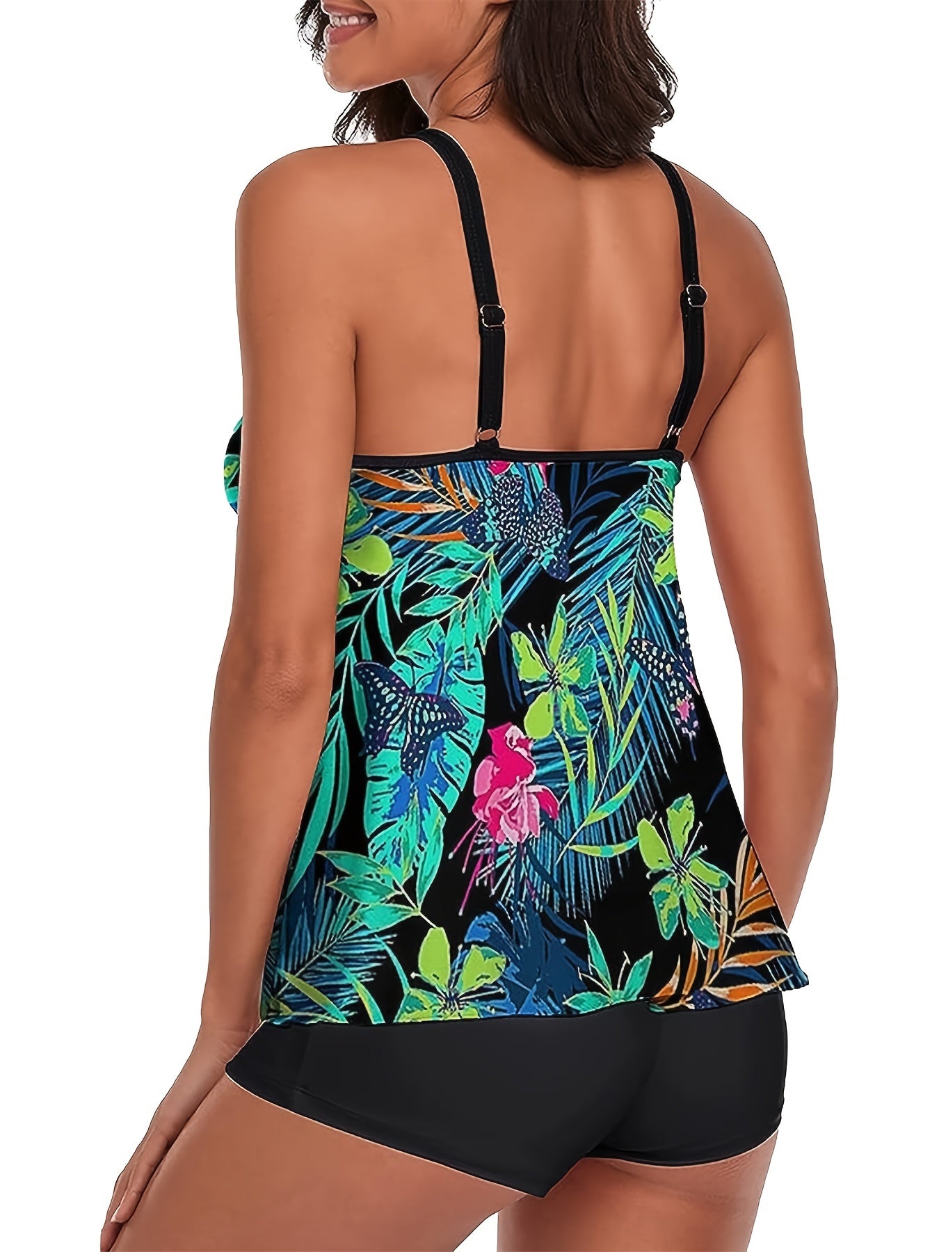 Boho Tankini Set Women's Plus Tropical Print Cami Top & Shorts Swimsui