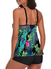 Boho Tankini Set Women's Plus Tropical Print Cami Top & Shorts Swimsui