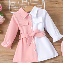 Baby Girl Stylish Dress Up Single Breasted Belted Casual Dress