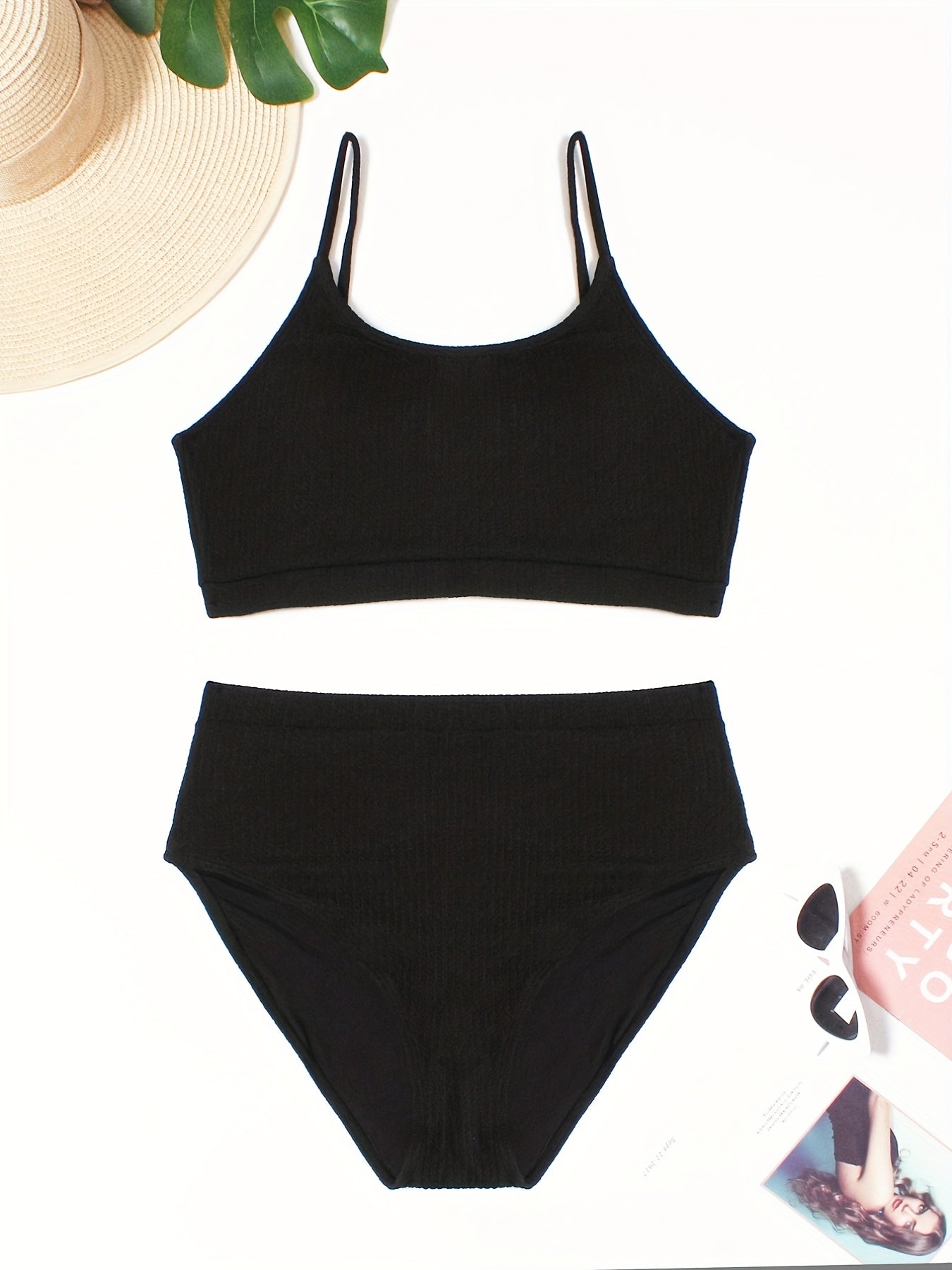 Casual Bikini Set Solid Round Neck Cami Top & Underwear Swimsuit