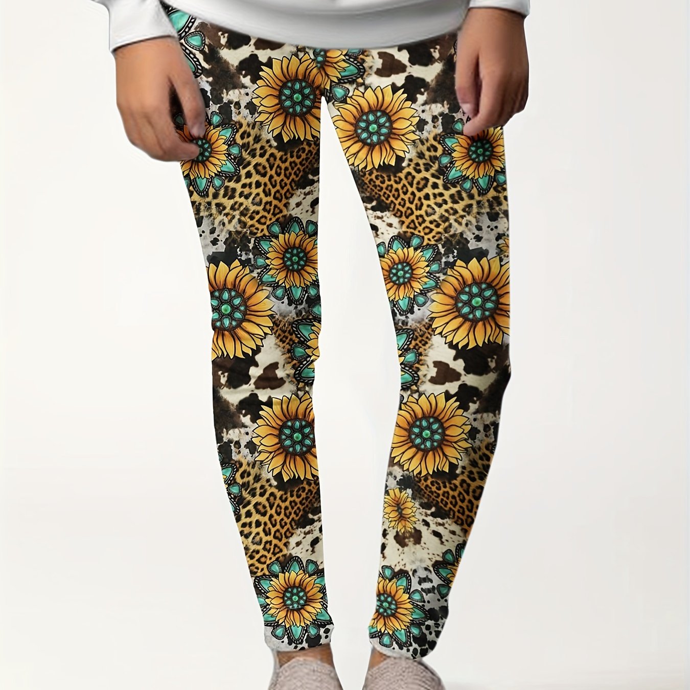 Girls Sunflower Graphic Leggings, Western Style, Thick, Fall Winter