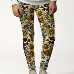 Girls Sunflower Graphic Leggings, Western Style, Thick, Fall Winter