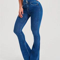 Mid Waist Flare Leg Jeans Sexy Medium Strech Button Fly Denim Pants