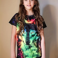 Tie Dye Wolf Graphic Short Sleeve T-shirt Loose Fit Breathable Pullover
