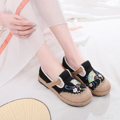 Women's Embroidered Canvas Shoes Soft Slip on Flax Bottom Casual Footwear