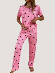 Heart Print Short Sleeve Tee & Pants Lounge Set