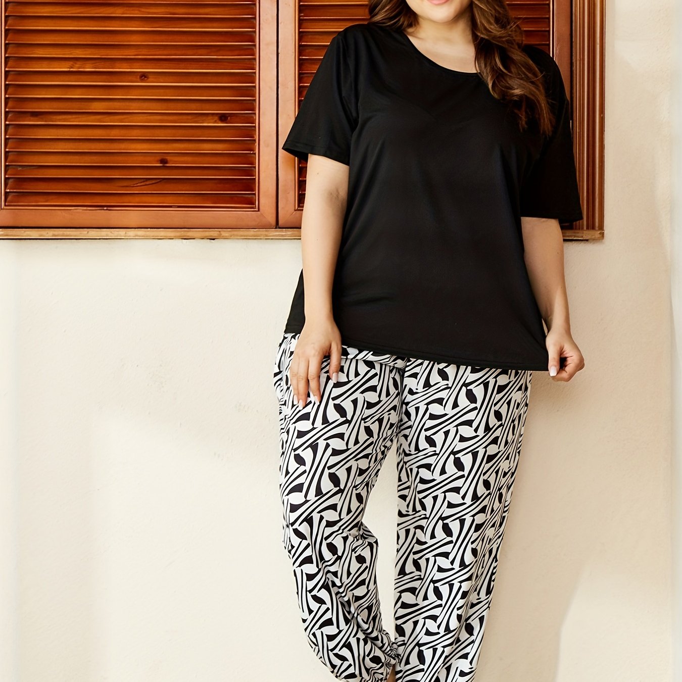 Casual Pajama Set Women's Short Sleeve Top & Print Pants Two Piece Set