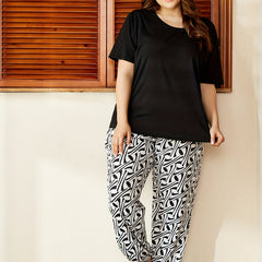 Casual Pajama Set Women's Short Sleeve Top & Print Pants Two Piece Set