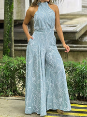 Print Tie Waist Halter Jumpsuit Wide Leg Pant
