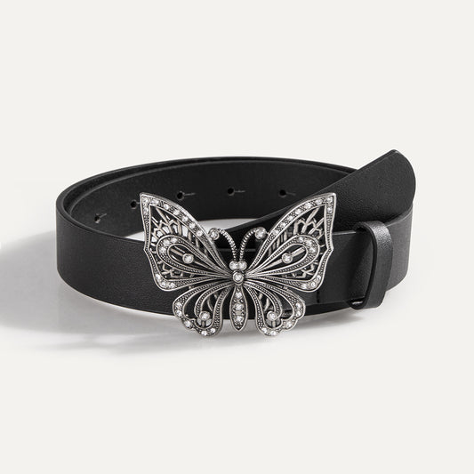 Vintage Butterfly Rhinestone Buckle PU Women's Belt