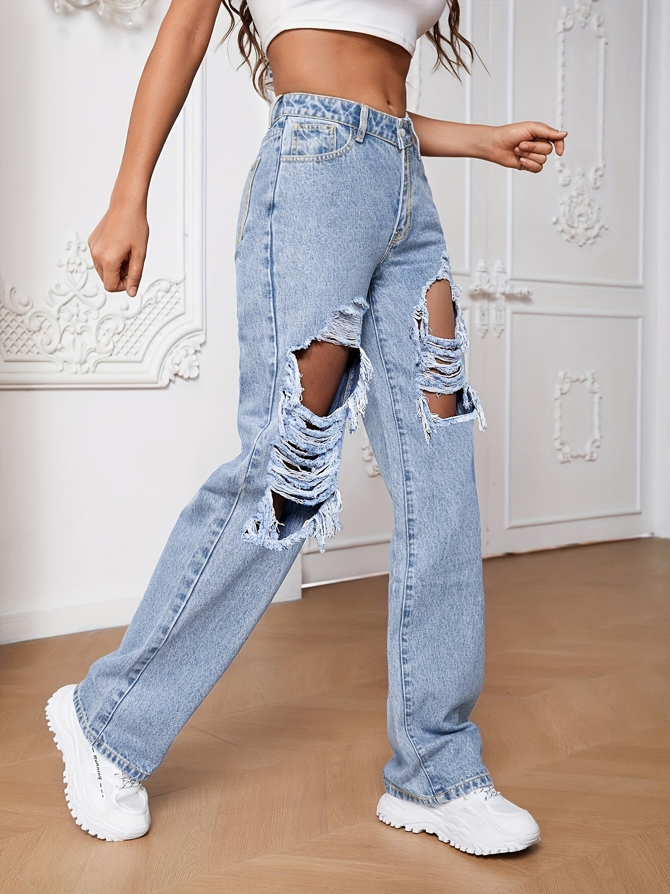 Ripped Straight Jeans Slash Pockets Distressed High Rise Wide Leg Denim Pants