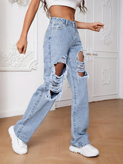 Ripped Straight Jeans Slash Pockets Distressed High Rise Wide Leg Denim Pants