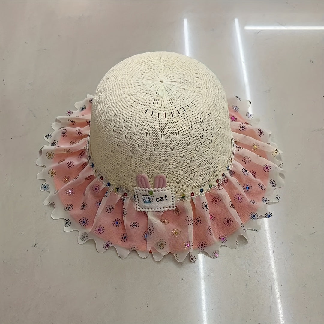 Kids Flower Lace Trim Sunscreen Straw Hat for Summer Beach